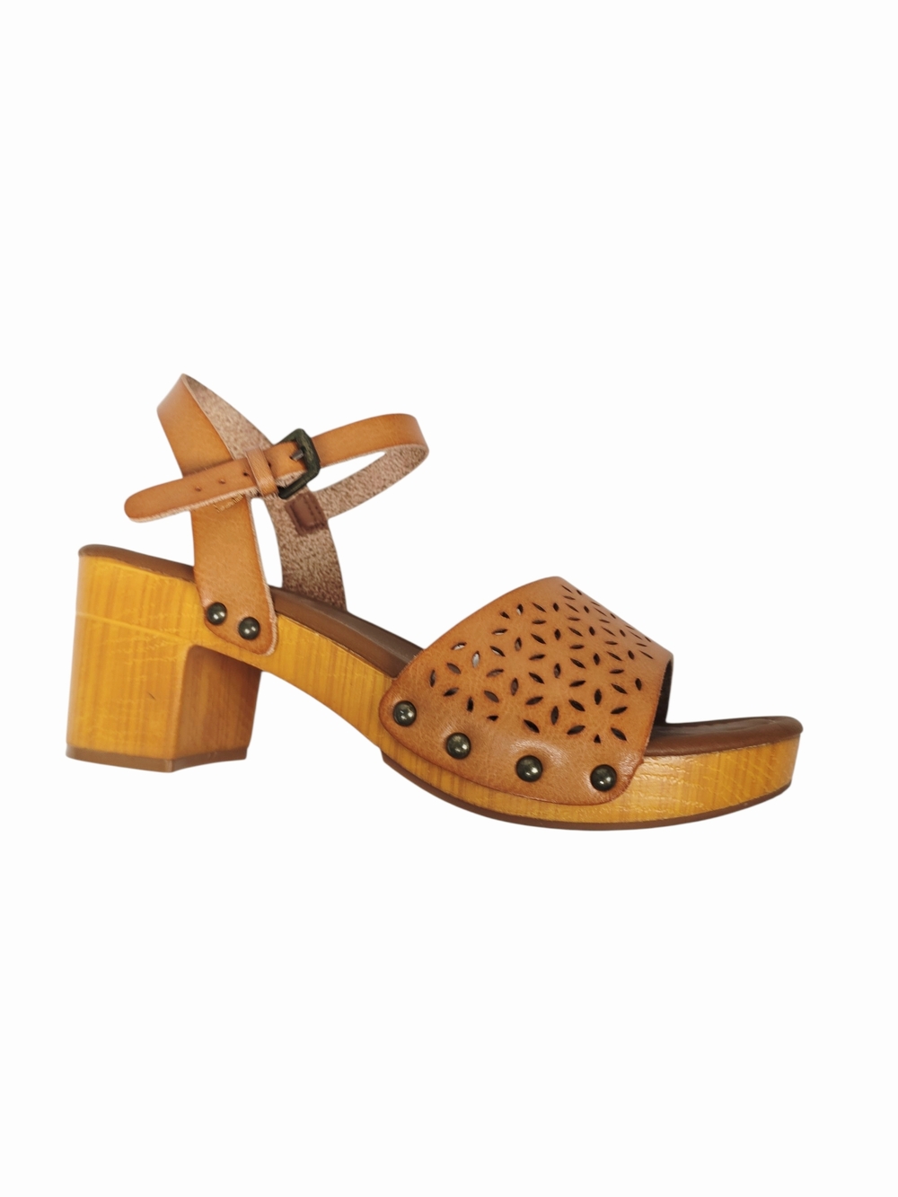Women's Tan Woodgrain Look Laser-Cut Block Heel Sandals with Ankle Strap - Picture 5 of 16